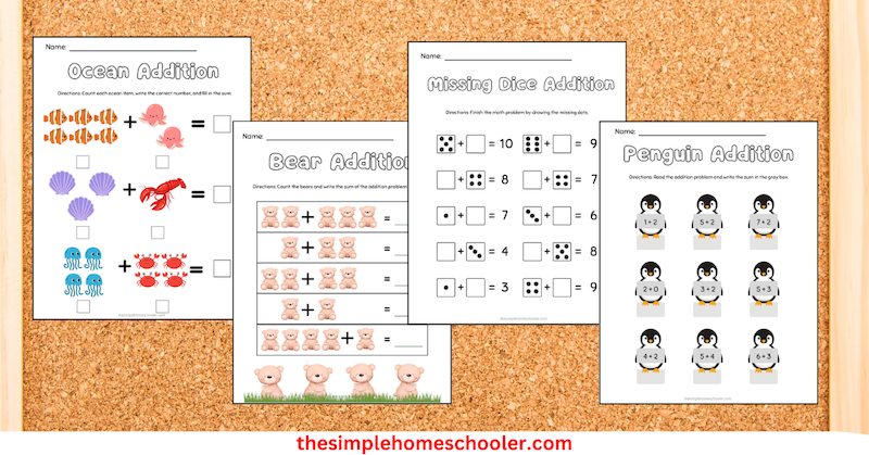 addition worksheets on a bulletin board background