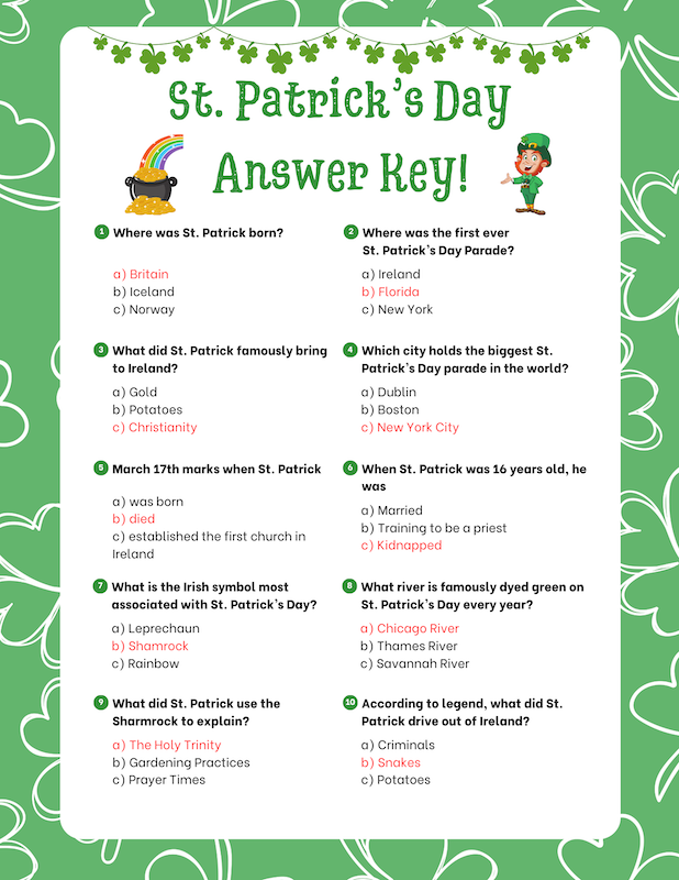 Free St Patrick s Day Trivia Printable Answer Sheets Included The 